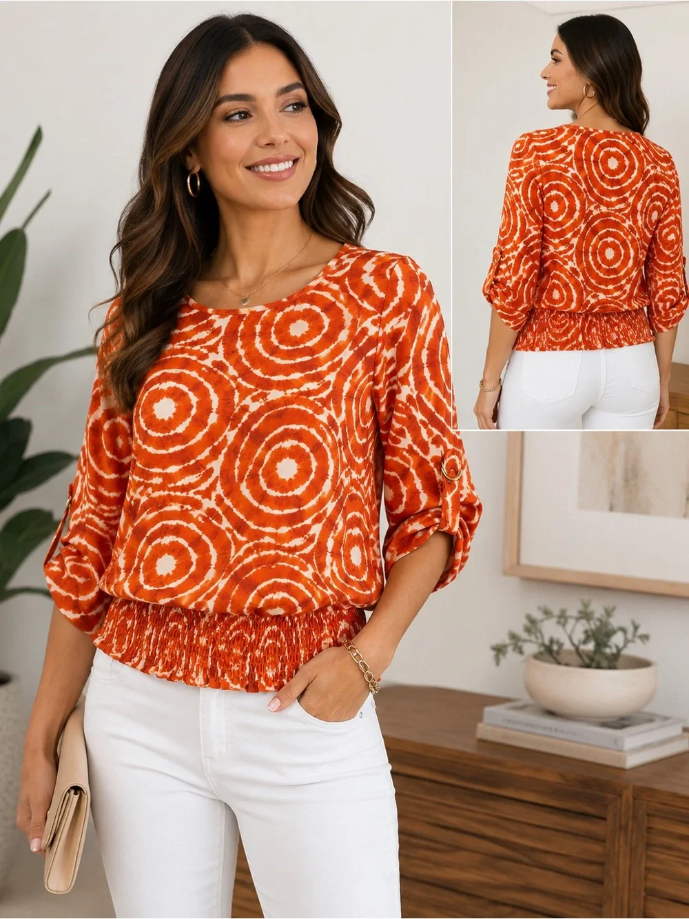 Michael Kors Orange Tie-Dye Circle Print Smocked Hem Blouse